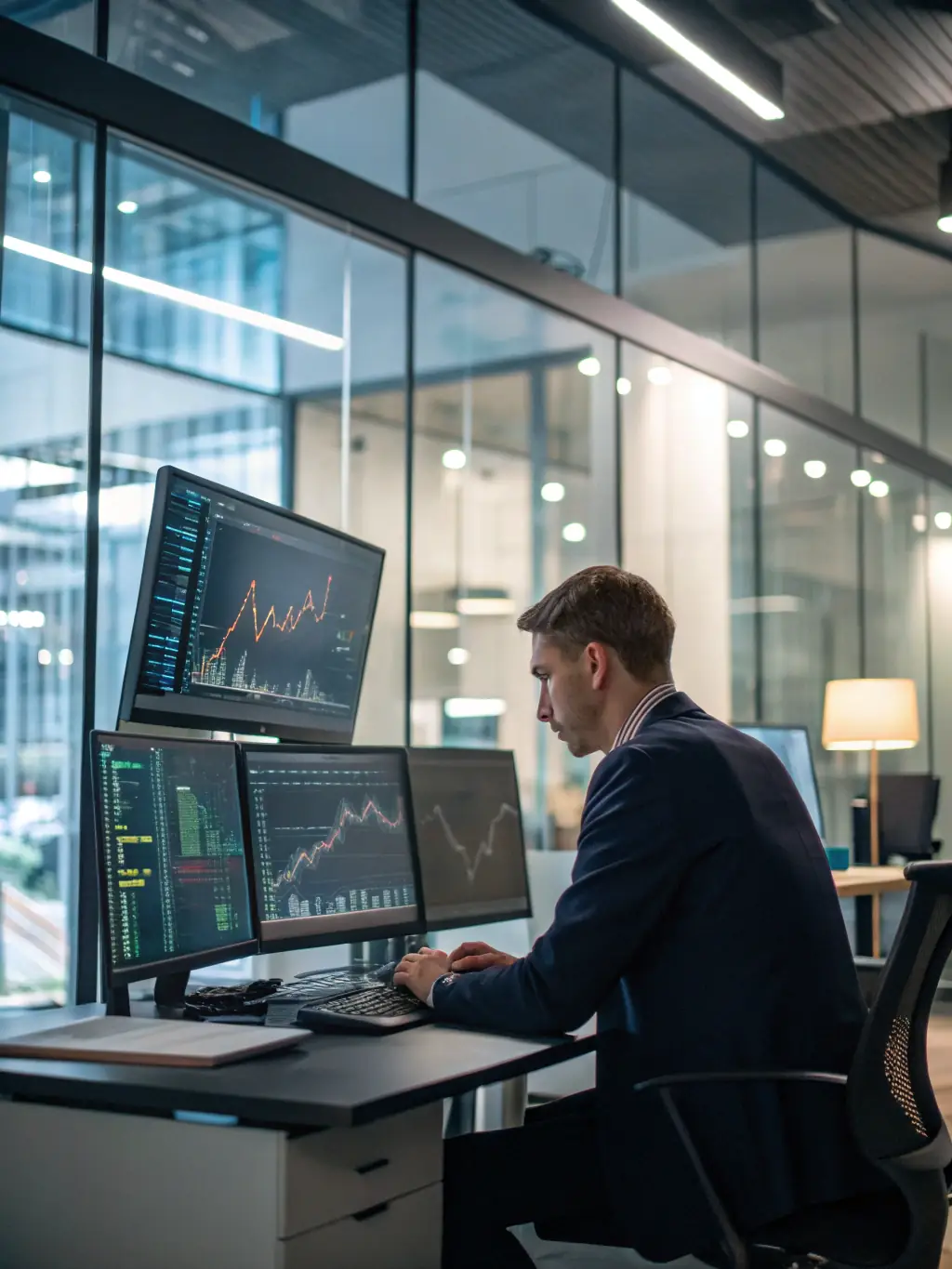 A professional image depicting a modern financial institution, showcasing technology integration and data analysis, representing Perform Partners' expertise in the financial sector.