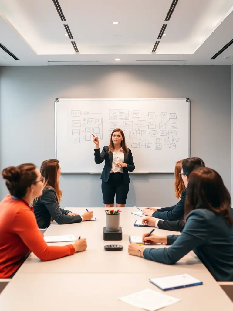 A confident leader speaking to a team in a modern conference room, representing Perform Partners' Leadership Advisory service.