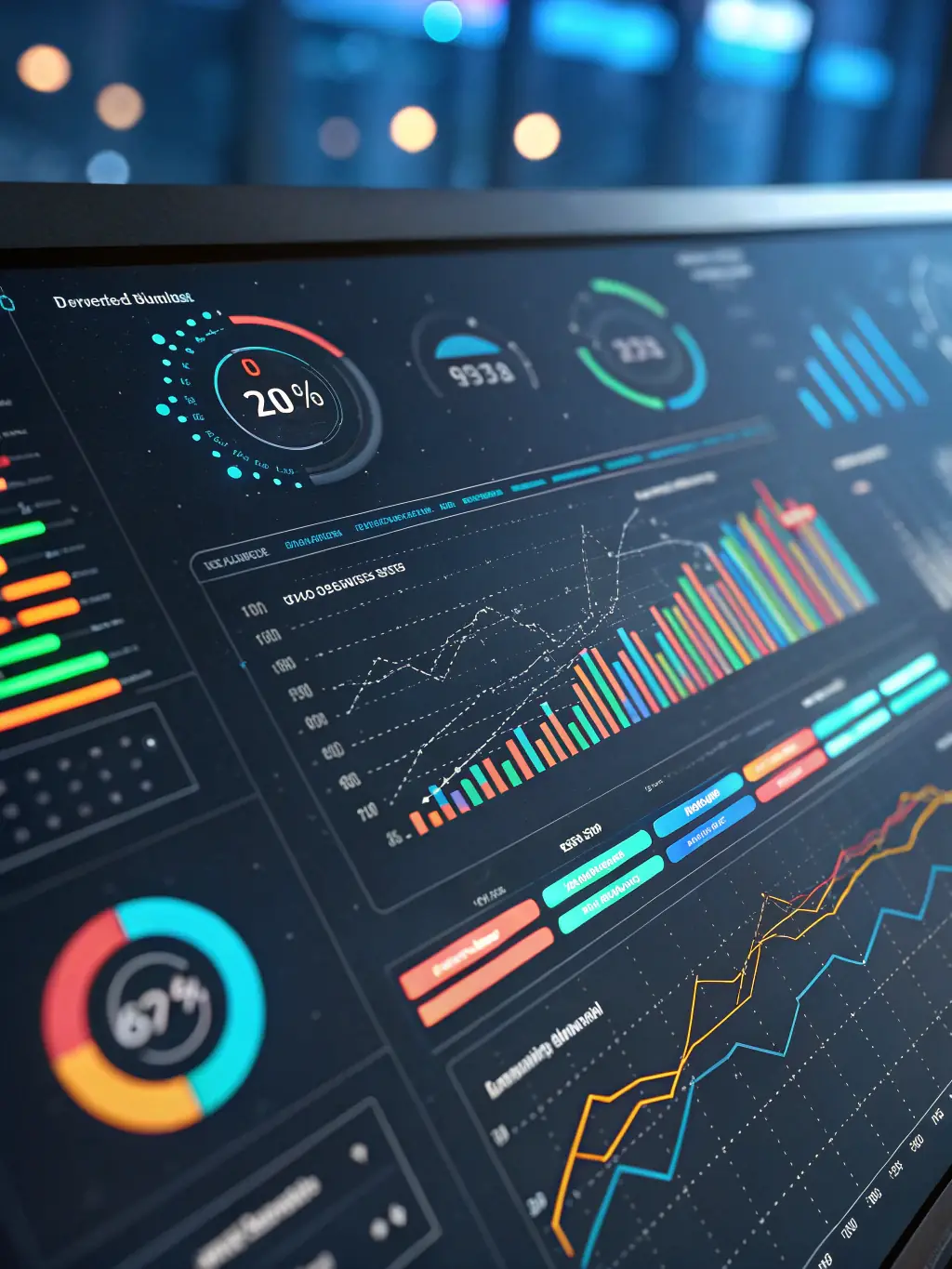 A futuristic image of digital interfaces and data analytics dashboards, showcasing Perform Partners' Digital & Technology Transformation service.